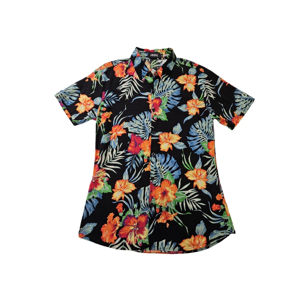 JOGAL Men's S Black Multicolor Floral Flower Short Sleeve Hawaiian Shirt Top EUC